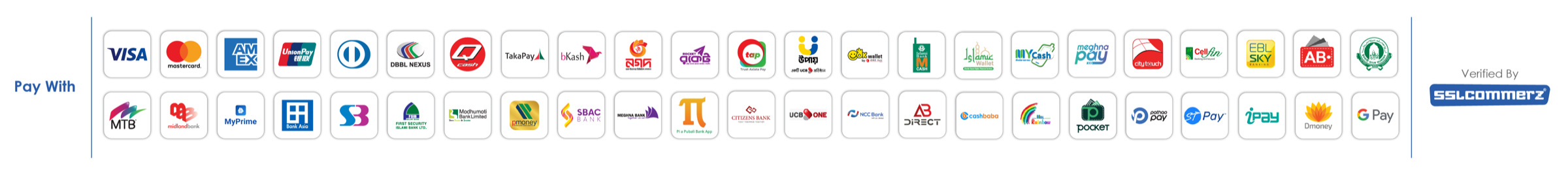 Pay with Visa, Mastercard, Amex, bKash, Nagad, Rocket, bank cards and more — verified by SSLCommerz